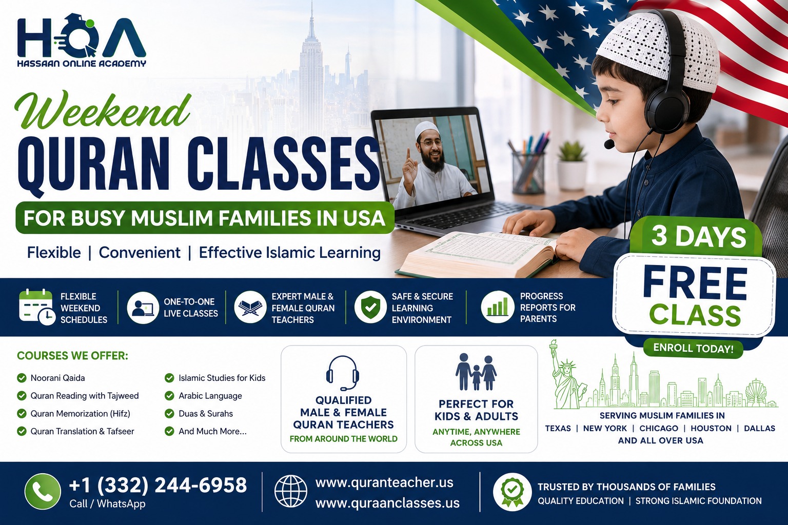Weekend Quran Classes in USA – Flexible Online Quran Learning for Busy Muslim Families in Texas, New York & Chicago